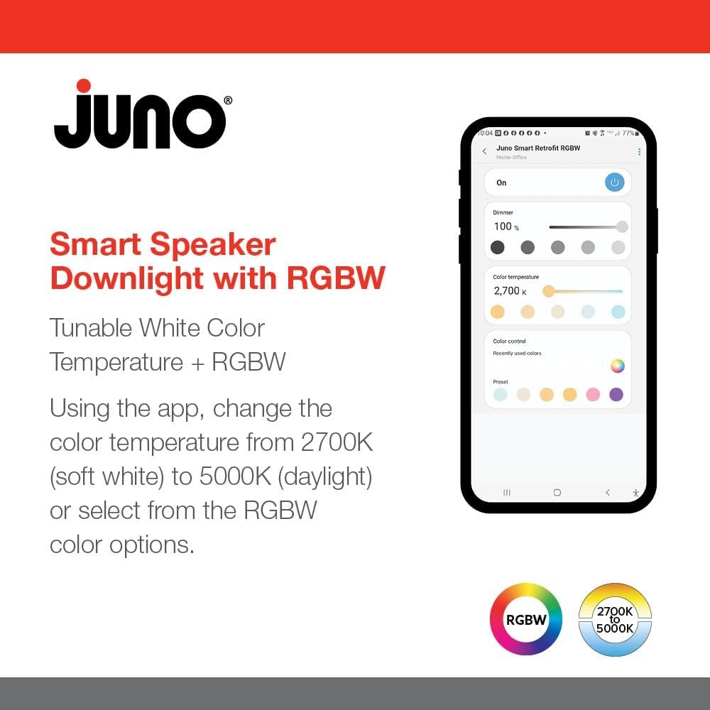 Juno 6 Inch Smart Recessed Light Speaker, Bluetooth, Alexa, Google Home Compatible, RGBW Speaker Downlight, Dynamic Color Red Green Blue White, Matte White (J6SLC RGBW MW M6)
