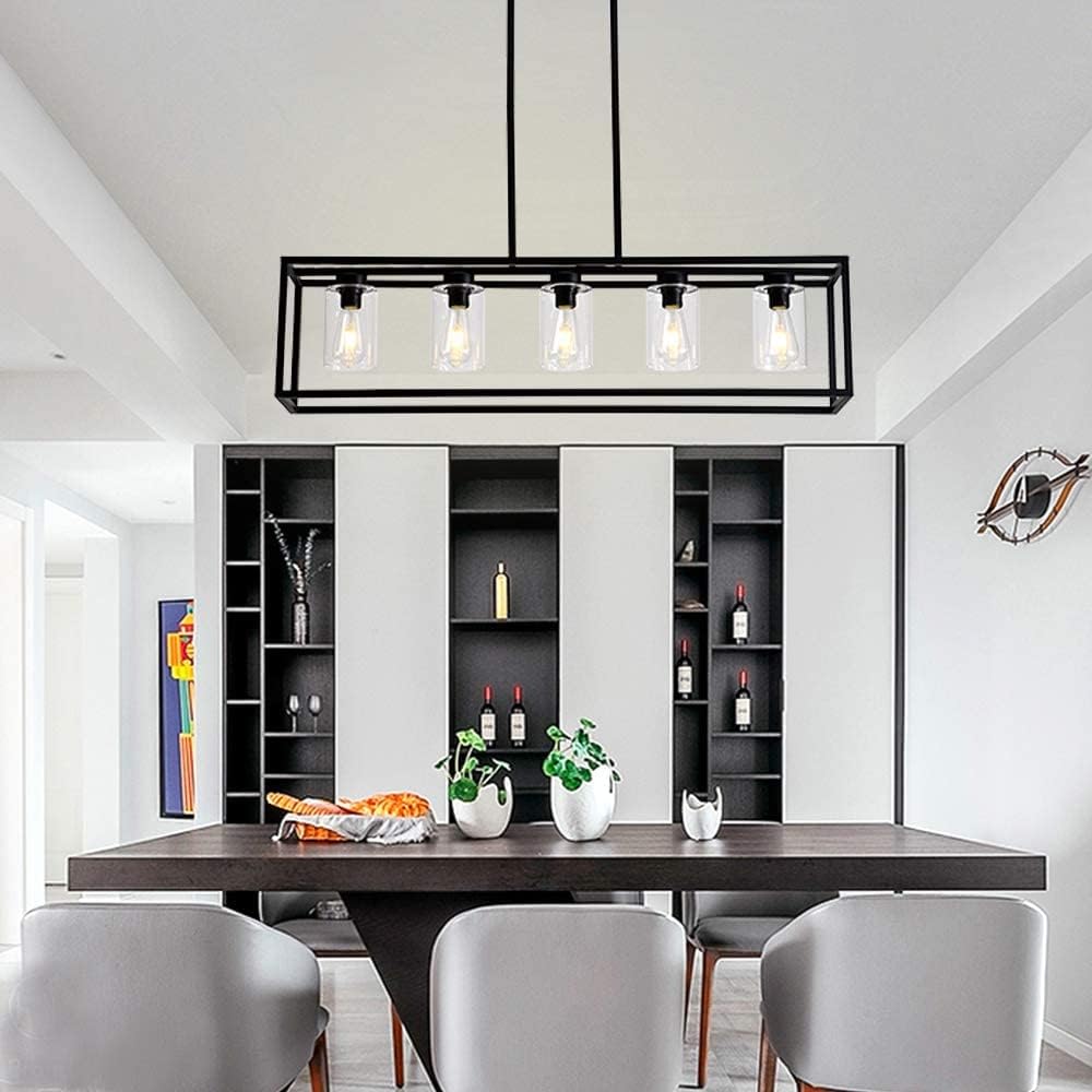 USOR 5 Lights Chandelier Hanging Light Fixture Morden Rectangle Pendant Lights with Clear Glass Shade Fashionable Ceiling Light for Dining Room Kitchen Island Black Color