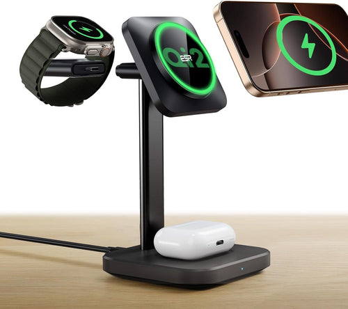 ESR Qi2 3-in-1 Wireless Charging Station, [Certified] Apple Watch Charger & 15W MagSafe Charger Stand for iPhone, Wireless Charger for Multiple Devices, iPhone 16/15/14/13, Watch & AirPods 4/3, Black