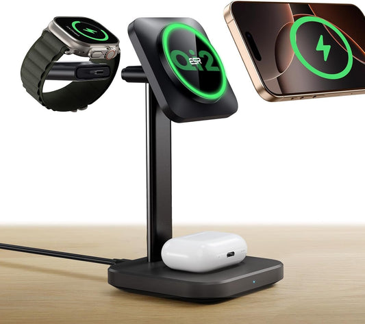 ESR Qi2 3-in-1 Wireless Charging Station, [Certified] Apple Watch Charger & 15W MagSafe Charger Stand for iPhone, Wireless Charger for Multiple Devices, iPhone 16/15/14/13, Watch & AirPods 4/3, Black