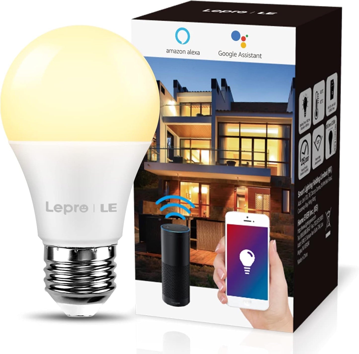 Lepro E27 Smart LED Bulb, 9W=60W, WiFi Bulb Warm White 2700K Dimmable Brightness, Smart Bulbs Compatible with Alexa and Google Assistant, Smartphone App Control, 2.4GHz
