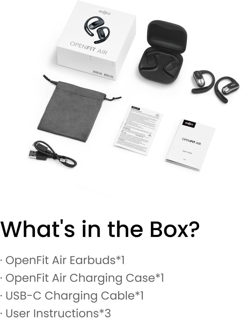 SHOKZ OpenFit Air - Open-Ear Headphones, True Wireless Earbuds, Water Resistant, Comfortable, Secure Earhooks for Daily Use, Built-in Smart Microphone, Shokz App-Black