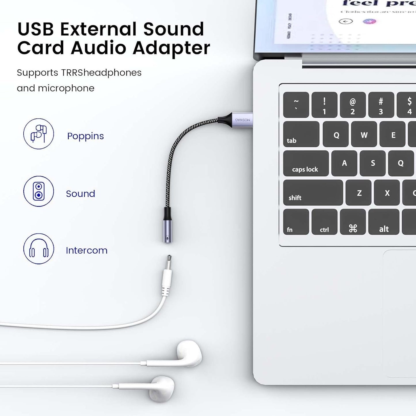MOSWAG USB to Audio Jack Adapter 0.65Feet/20cm,External Sound Card Jack Audio Adapter with 3.5mm Aux Stereo Converter Compatible with Headset,PC,Laptop,Linux,Desktops,PS4 and More Device