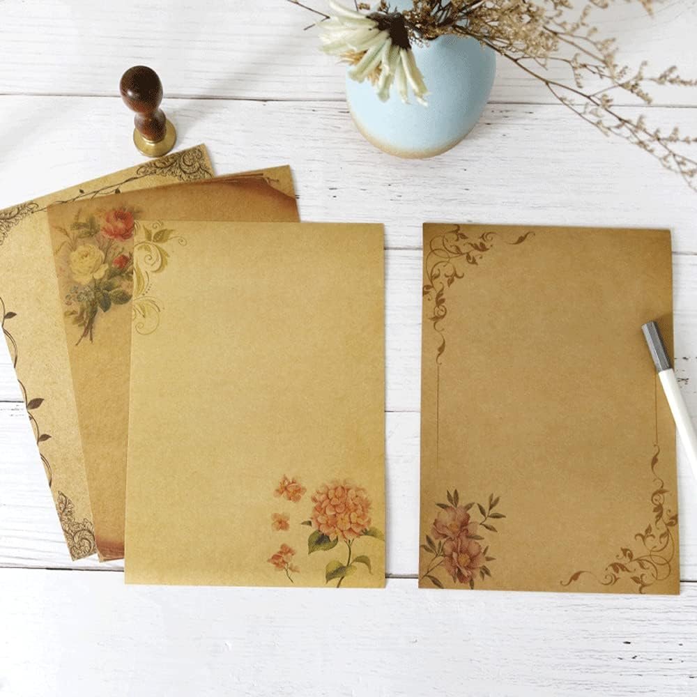 Stationery Paper, 64 Pcs Retro Kraft Paper Stationery, 8 Craft Design Styles, Suitable for Writing Letters, Copying, Invitations, Love Letters (8.26x5.7 Inch)