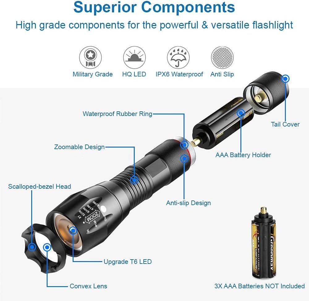 MMOBIEL 2X LED Tactical Flashlight - 1000 Lumen, 5 Modes Zoomable, Water Resistant, Survival Flashlight, Camping, Emergency and Outdoor Flashlight.