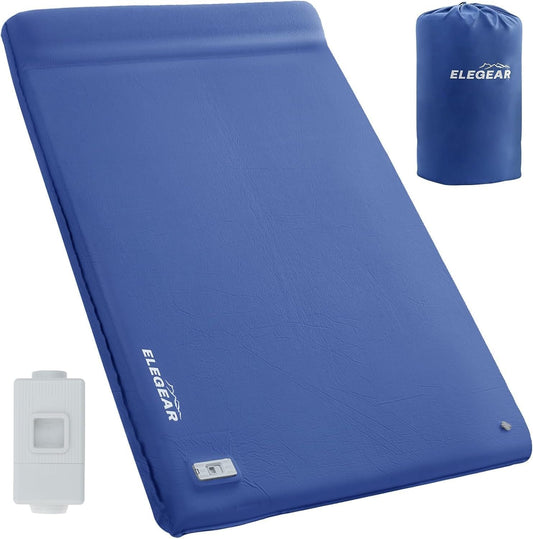 Sleeping Mats for Camping,Elegear Memory Foam Camping Mattress Built-in Electric Pump 3.1inch,Foldable Travel Cot Mattress R-Value 9.5 Foam Sleeping Pad Double Floor Mattress with Pillow,Blue