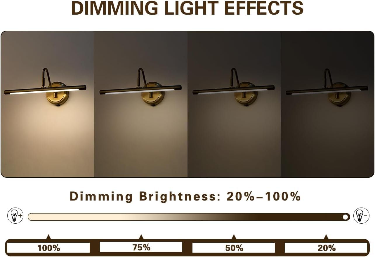 Modern Wireless Picture Lights for Wall Gold Wall Sconces Battery Operated 16.5" Inch Dimmable Wall Art Light with Adjustable Book Light with Remote 3000K CRI95+