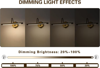 Modern Wireless Picture Lights for Wall Gold Wall Sconces Battery Operated 16.5" Inch Dimmable Wall Art Light with Adjustable Book Light with Remote 3000K CRI95+