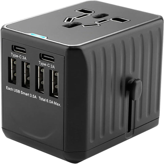 Universal Travel Adapter, Worldwide Wall Socket Plug Adaptor with 4 x USB (6A Max) + 2 x Type-C 3A for AU/US/EU/UK, 2 Fuses and Safety Shutter for Over 150 Countries