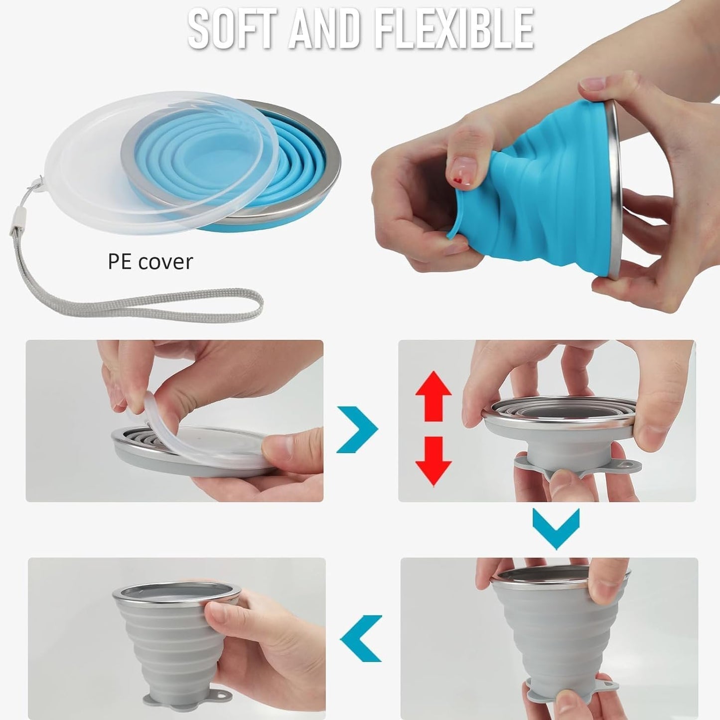 ddLUCK Silicone Foldable Cup, 2 Pack BPA Free Collapsible Travel Mugs, Folding Silicone Cups with Plastic Sealing Lid, Reusable Portable Cup Set for Picnic, Camping, Outdoor Hiking Travel