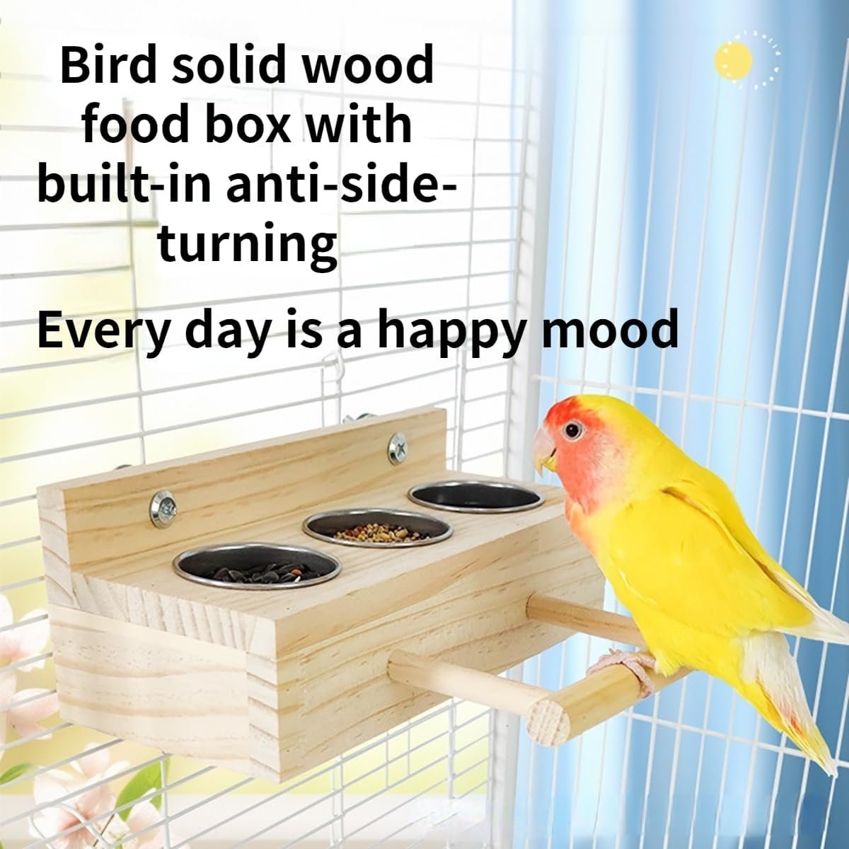 Bird Food Stainless Steel Cups Wooden Perch Stand Hanging Feeder Bowls Feeding and Watering Supplies for Parakeets Conures Cockatiels Budgie Parrot (with Three Cups)