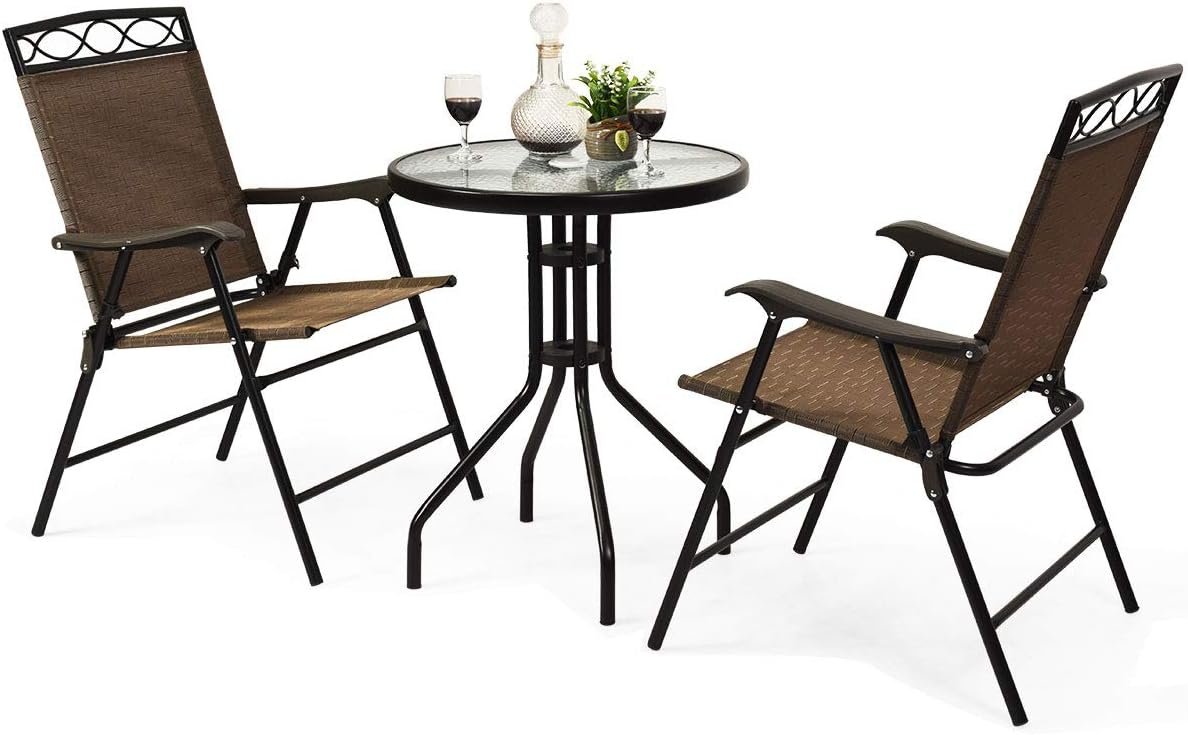 S AFSTAR 3-Piece Bistro Set, Patio Dining Furniture Set, Round Textured Glass Tabletop w/Umbrella Hole, Outdoor Conversation Set for Backyard Garden Poolside