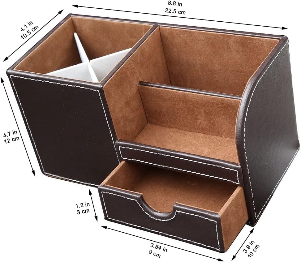 KINGFOM Wooden Struction Leather Multi-function Desk Stationery Organizer Storage Box Pen/Pencil,Cell phone, Business Name Cards Remote Control Holder with Small Drawer Brown