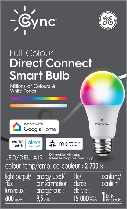 GE Cync Full Colour Direct Connect Smart Bulb A19, 60W Replacement, Bluetooth/Matter/WiFi Enabled, Works with Alexa, Google Assistant Without Hub, 1-Pack