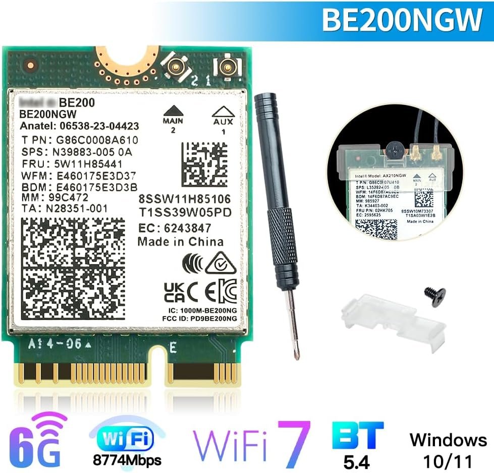 M.2 WiFi 7 Card Key E BE200 Wireless BT5.4 WiFi Network Adapter 2.4G/5G/6GHz 9.3Gbps for WiFi7/WiFi6E/WiFi6/WiFi5 Router Gaming PC Laptops Support Windows 10/11 Not Support AMD Motherboards