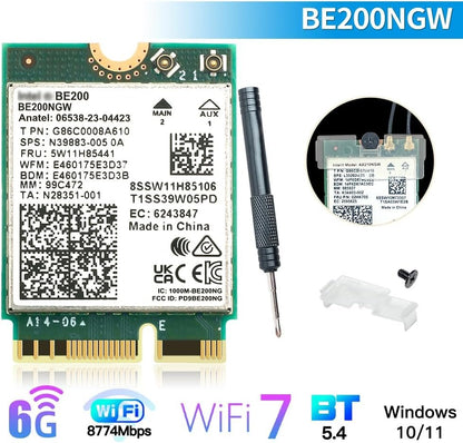 M.2 WiFi 7 Card Key E BE200 Wireless BT5.4 WiFi Network Adapter 2.4G/5G/6GHz 9.3Gbps for WiFi7/WiFi6E/WiFi6/WiFi5 Router Gaming PC Laptops Support Windows 10/11 Not Support AMD Motherboards