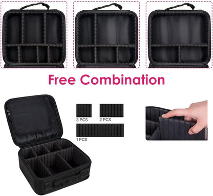 SlowTon Makeup Bag Organizer, Travel Cosmetic Bag with Adjustable Dividers, Portable Storage Case for Cosmetics Makeup Brushes Toiletry Jewelry Digital Accessories(Black,M)