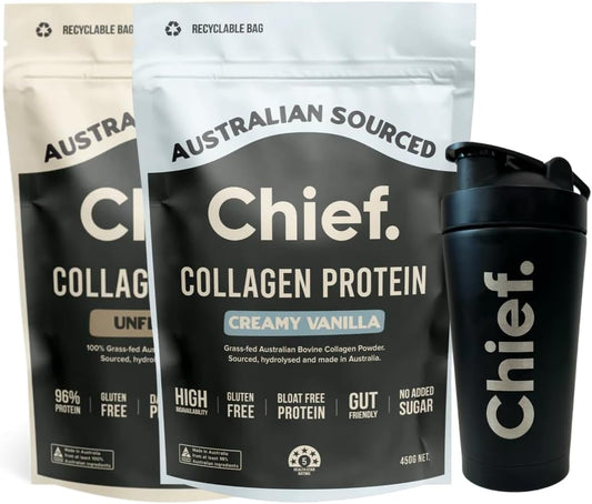 Bundle Pack | 2 x Bags + Free Shaker | Chief Nutrition Grass-fed Collagen Protein Powder 450 g (per bag) (2 Bags + 1 Shaker, 1 x Creamy Vanilla + 1 x Unflavoured)