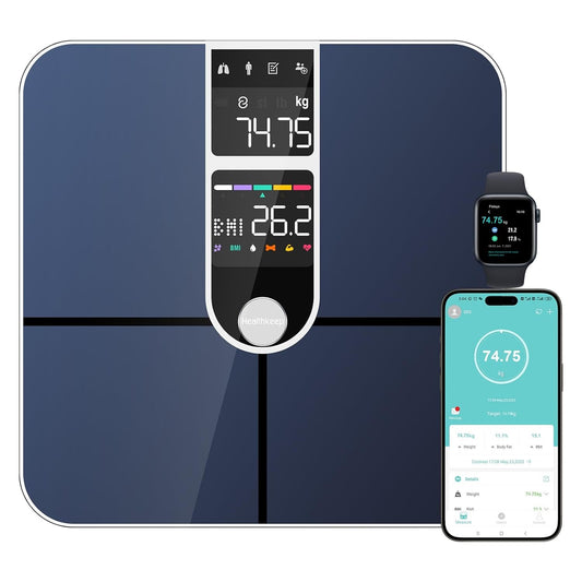 Healthkeep Personenwaage, angeschlossen, Bluetooth, mit 2 VA-Bildschirmen und ITO-Beschichtungstechnologie, 16 Körperdaten mit Herzfrequenz, App, für Android und iOS 180 kg/400 lb, silberfarben