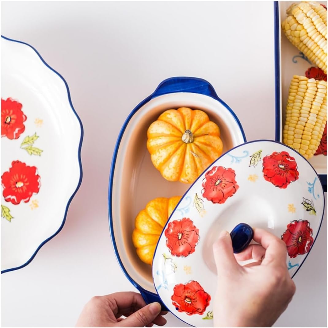 Floral Ceramic Casserole Dish with Lid,40oz Covered Rectangular Baking Dish,Deep Casserole Cookware Bakeware,Oven Safe and Dishwash Safe
