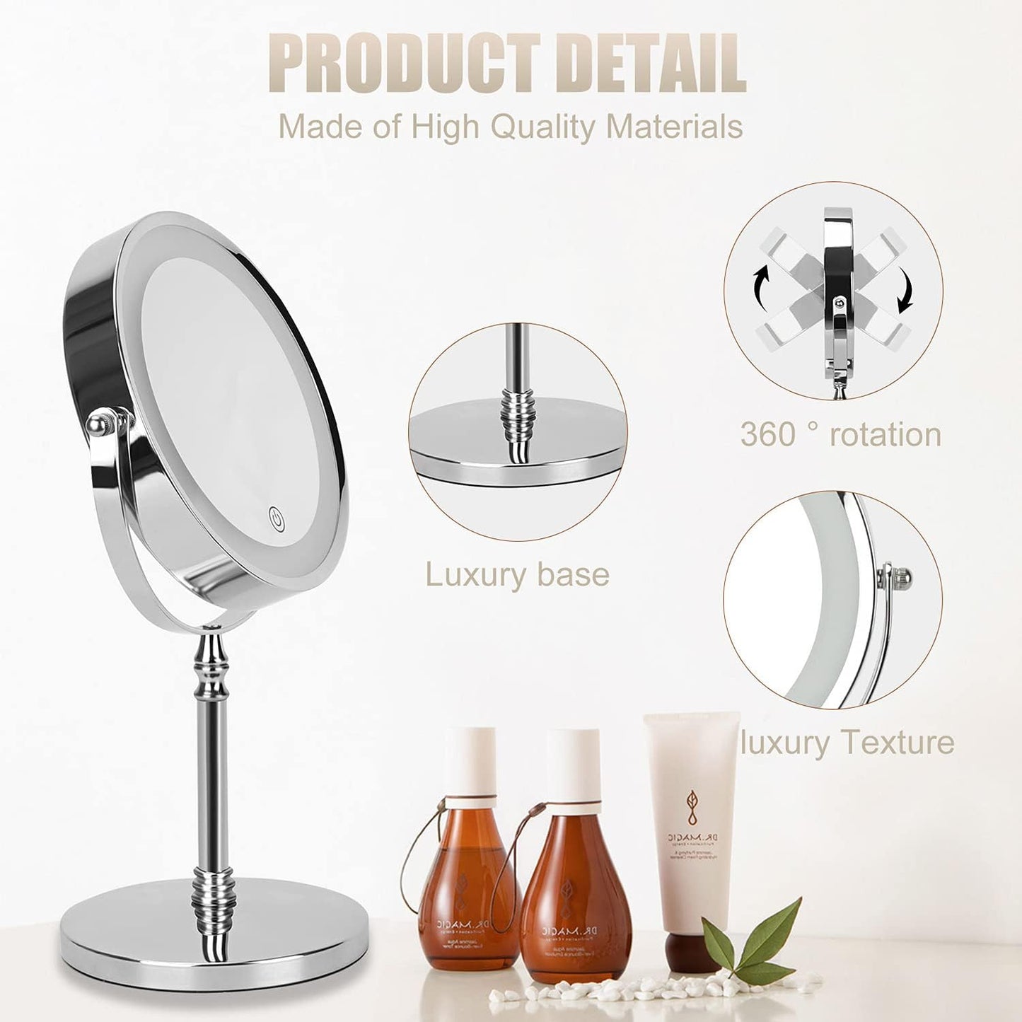 Rechargeable 8 Inch Lighted Makeup Mirror with 3 Color Lighting Modes Magnified Double Sided 10x Magnification LED Vanity Mirror with Dimmable Lights