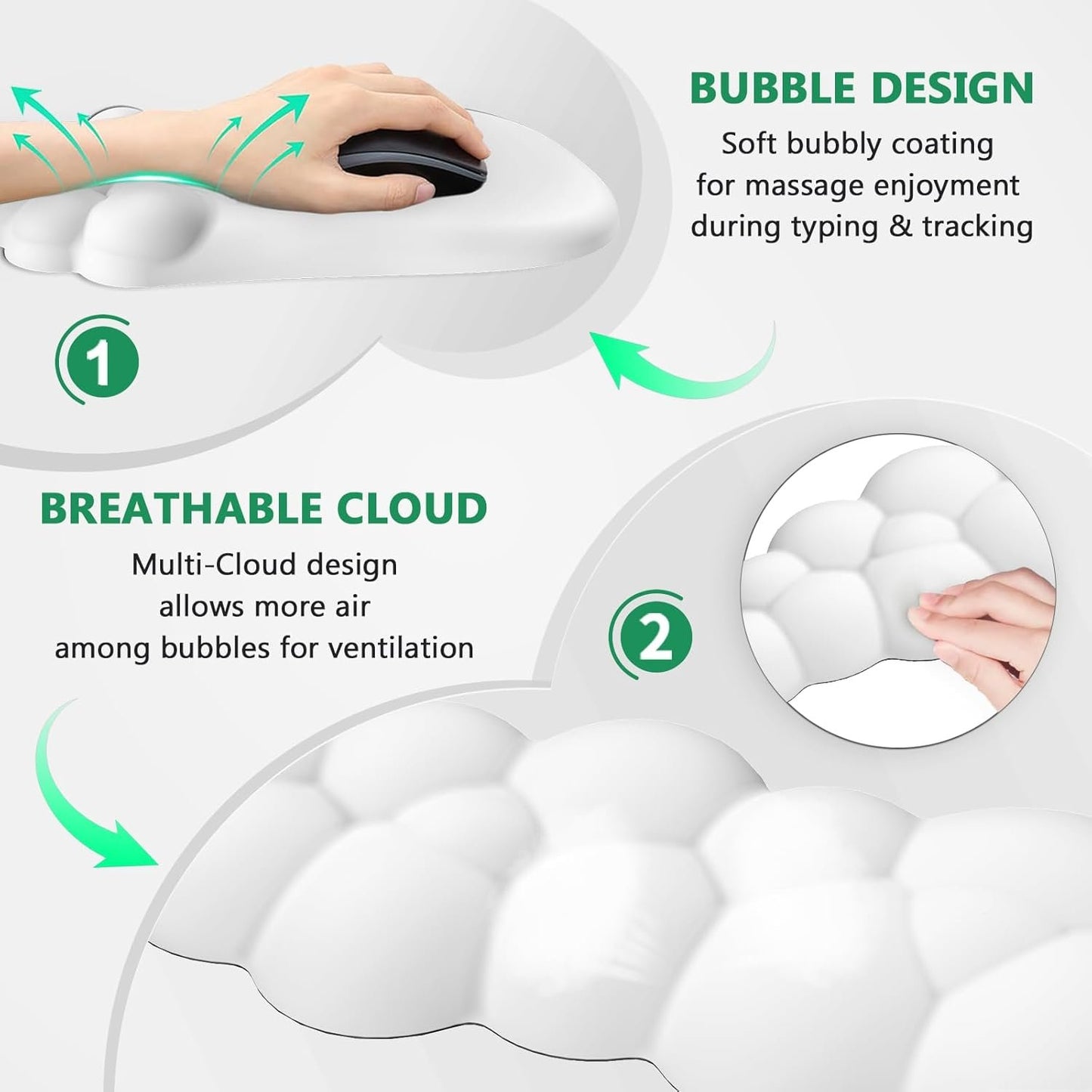 AKIT Bubble Massage Ergonomic Mouse Pad with Wrist Rest for Computer Keyboard, Cloud Wrist Rest Keyboard Pad and Cute Mouse Pad with Wrist Support Soft White Mousepad Gaming Mouse Pads for Desk Office