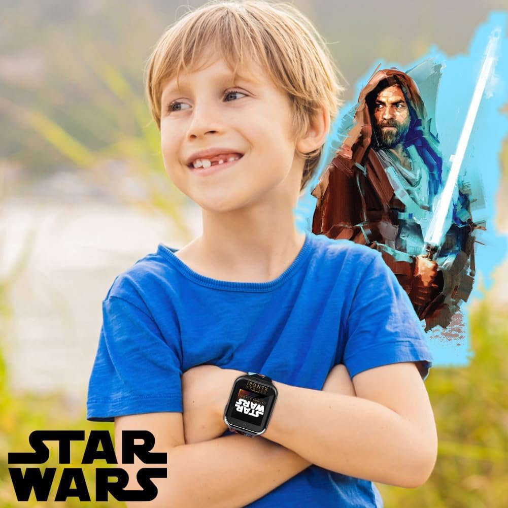 Accutime Star Wars OBI-Wan Kenobi Kids Smart Watch with Touchscreen, 10 Jedi Clock Faces, Selfie Camera, Games, Stopwatch, and Step Counter â€“ Fits Wrists 5.5" to 8", Black, 40mm, Modern