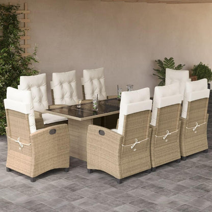 vidaXL 9-Piece Poly Rattan Garden Dining Set - Beige/Cream - Adjustable Recliners - Outdoor Patio/Deck/Backyard - Cushions & Tempered Glass Tabletop