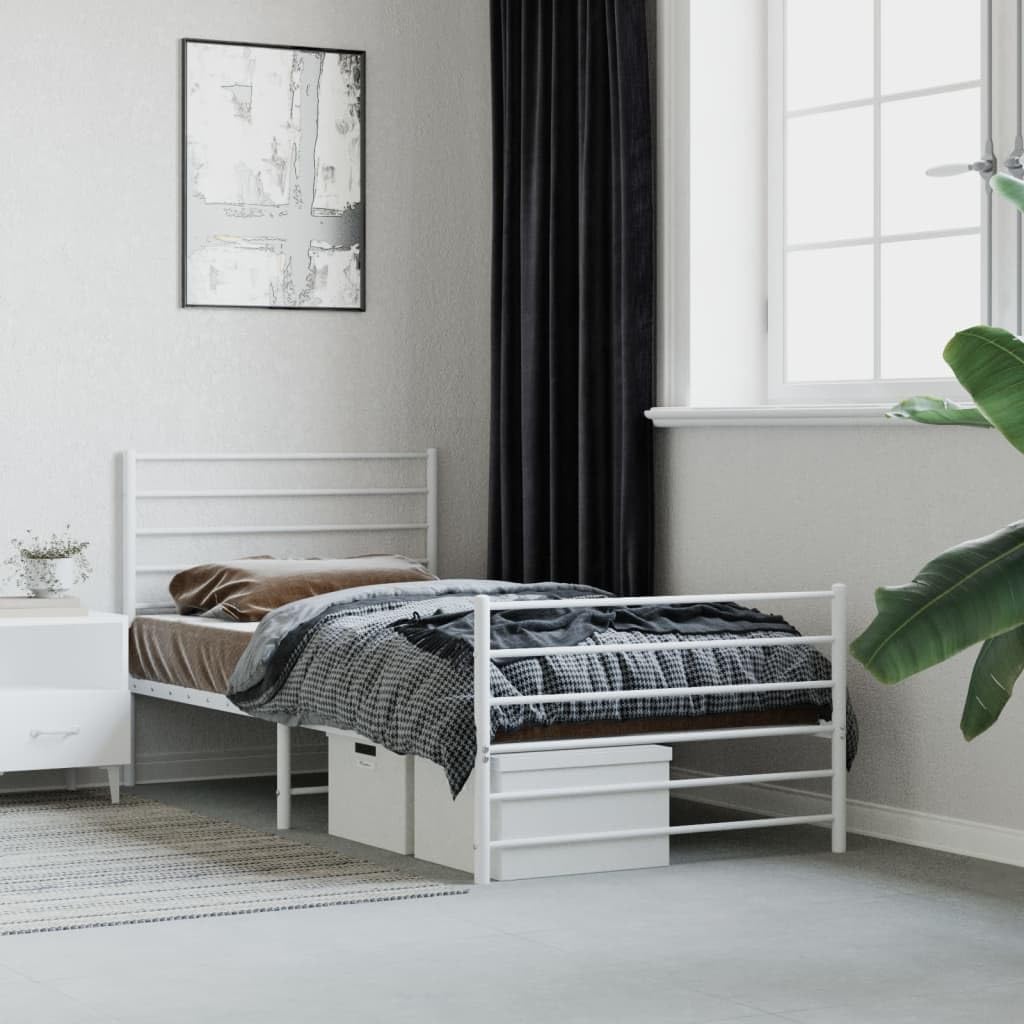 vidaXL King Single Size Bed Frame - Robust Powder-Coated Steel Design with Headboard, Footboard & Under-Bed Storage Space - White