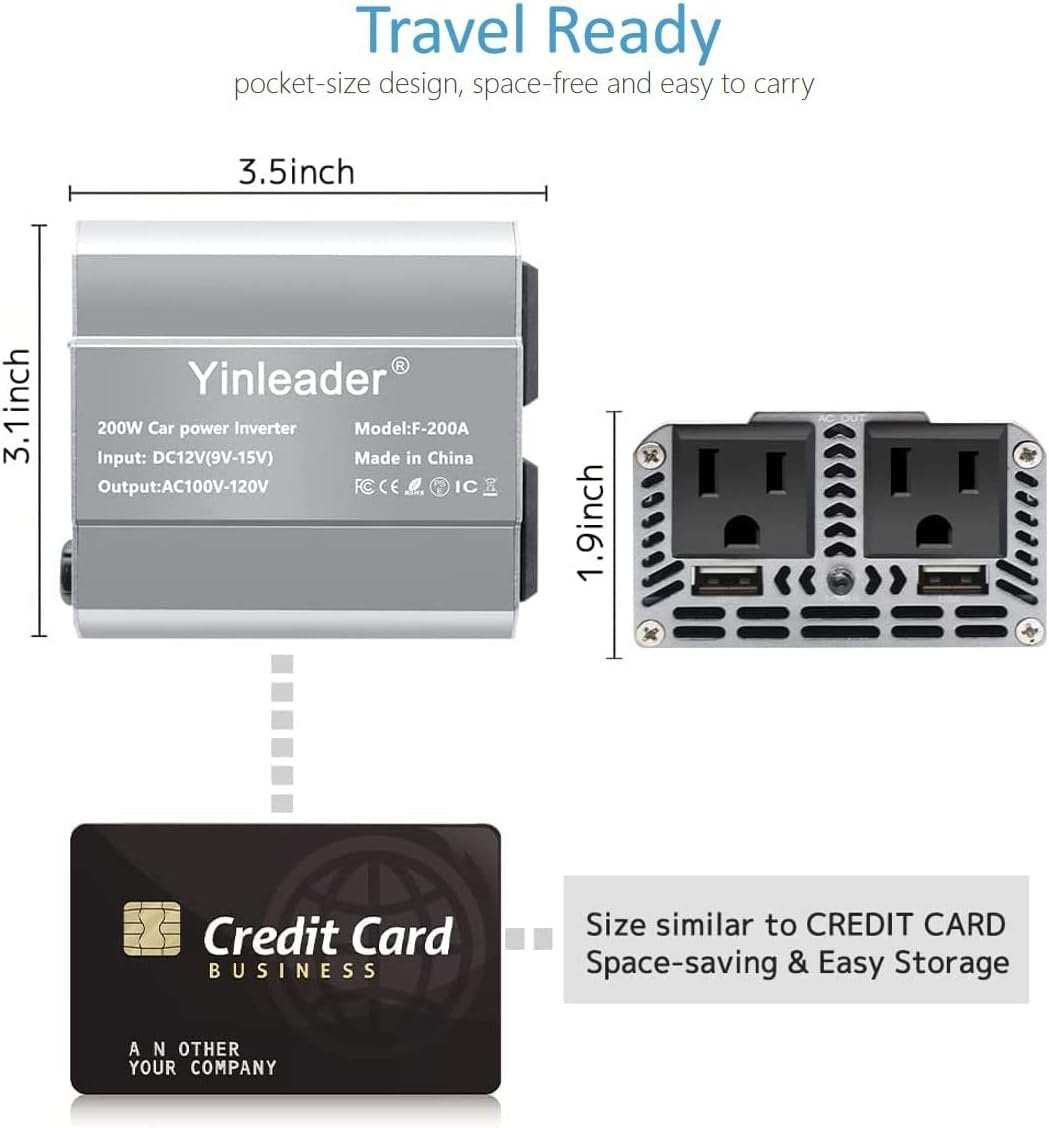 Yinleader 200W Car Power Inverter DC 12V to 110V AC Car Plug Adapter with Dual 3.1A USB Ports and 2 AC Outlets, Cigarette Lighter Adapter, Grey