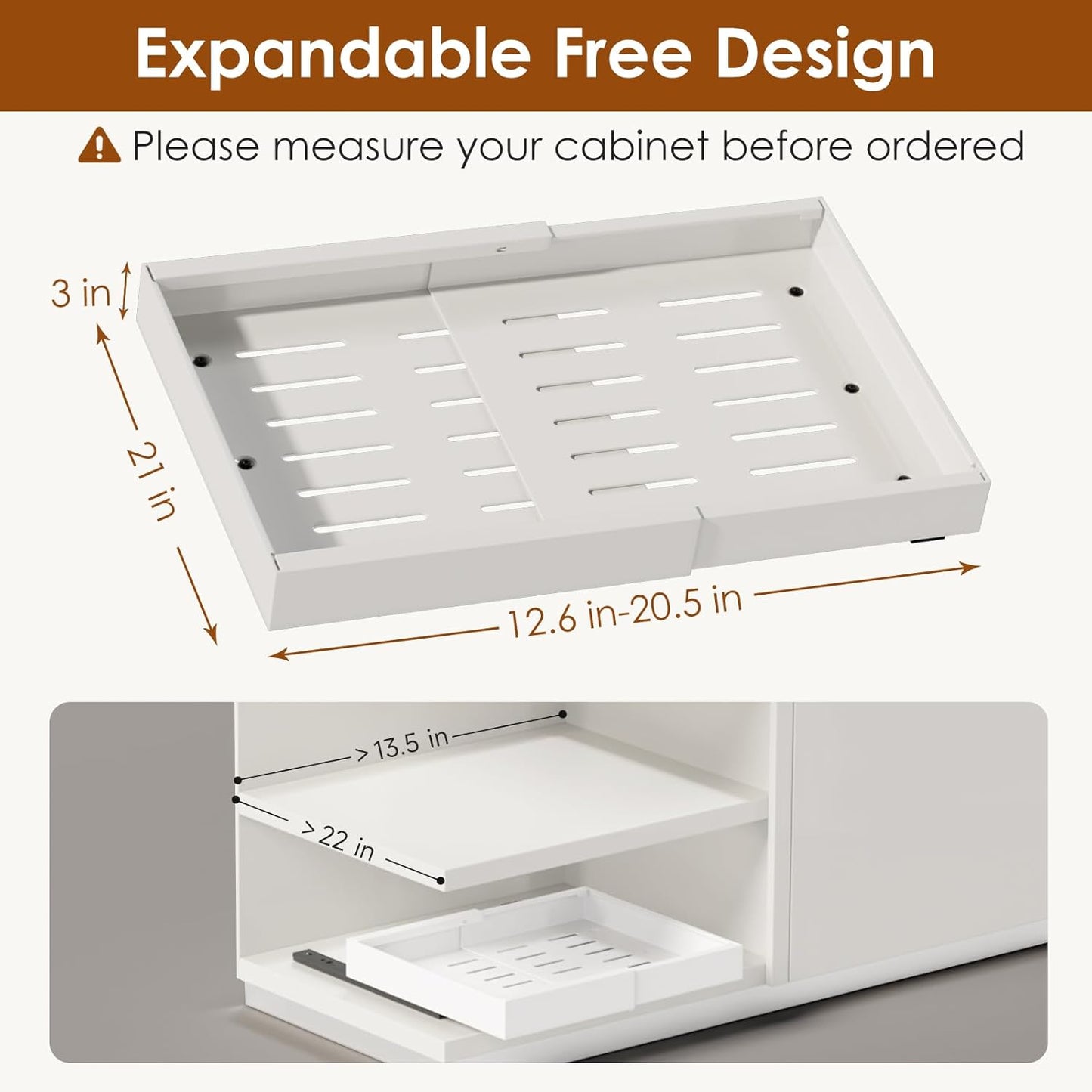 1 Pack Expandable Pull Out Cabinet Organizer 21" Deep, Adjustable Width 12.6"-20.5", No Drill Adhesive with Triple Track Rails, Heavy Duty Slide Out Drawers for Kitchen, Pantry, Cabinets,White