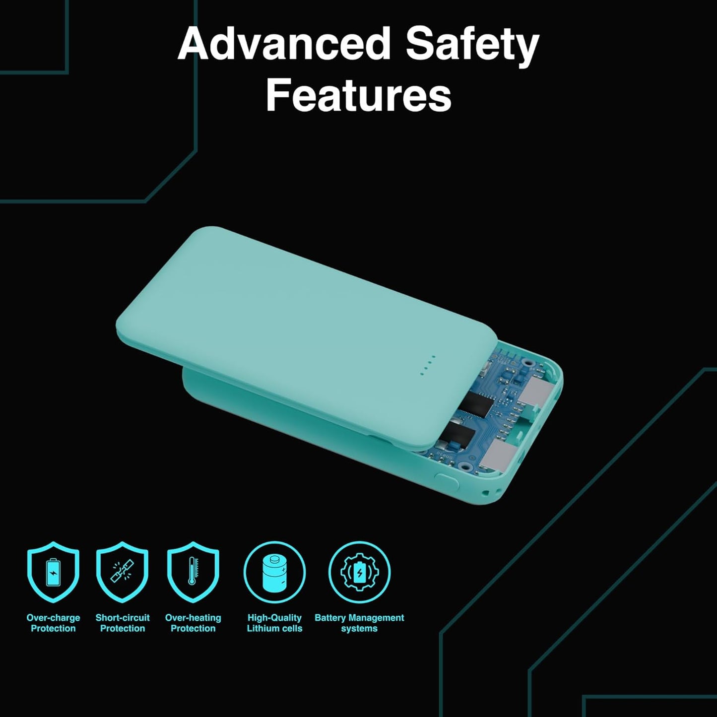 Laser 5000mAh Powerbank Dual USB-A, USB C Charger Ports, 118g Portable Charger, LED Display, 10W, 3-in-1 Cable, Compatible for iPhone15/14/13/12/Pro Max, Samsung, iPad, Apple Watch, Tablet - Aqua