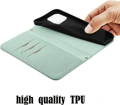 NanHou iPhone 16 Case Leather Case RFID Blocking Folio Wallet Case Magnetic Closure Kickstand Wrist Strap Card Holder Shockproof Flip Cover - Light Green