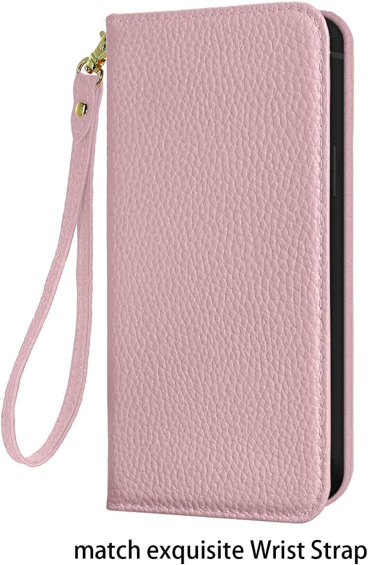 NanHou iPhone 16e Case Leather Case RFID Blocking Folio Wallet Case Magnetic Closure Kickstand Wrist Strap Card Holder Shockproof Flip Cover - Pink