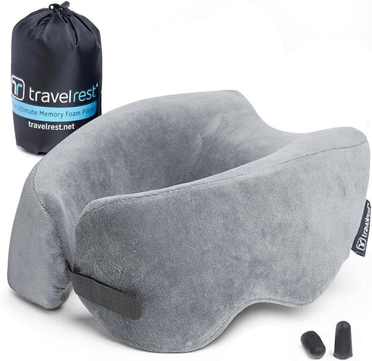 TRAVELREST Nest Memory Foam Travel Neck Pillow, Advanced Support for Long Flights, Patented Design, Optimal Relaxation, Compact, Ergonomic, Washable, On-The-Go, Attaches to Luggage - Gray