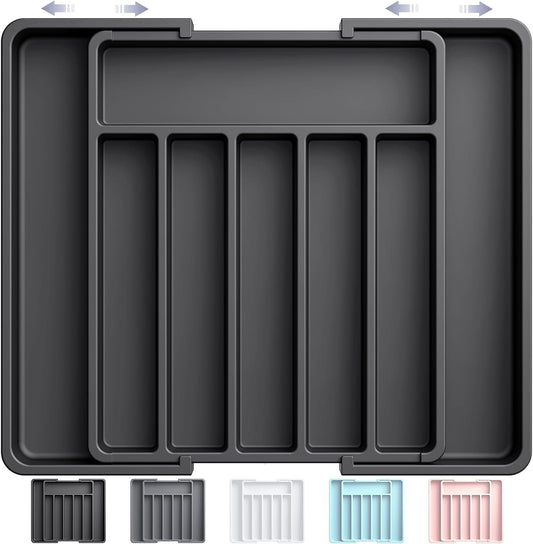 AUJEN Cutlery Organizer - Expandable Utensil Drawer Organizer, Adjustable Cutlery Tray Organizer, Multipurpose Silverware Kitchen Drawer Organizerr for Forks, Knives, Black, 13.6 x 1.7 x 10.2~19.7inch