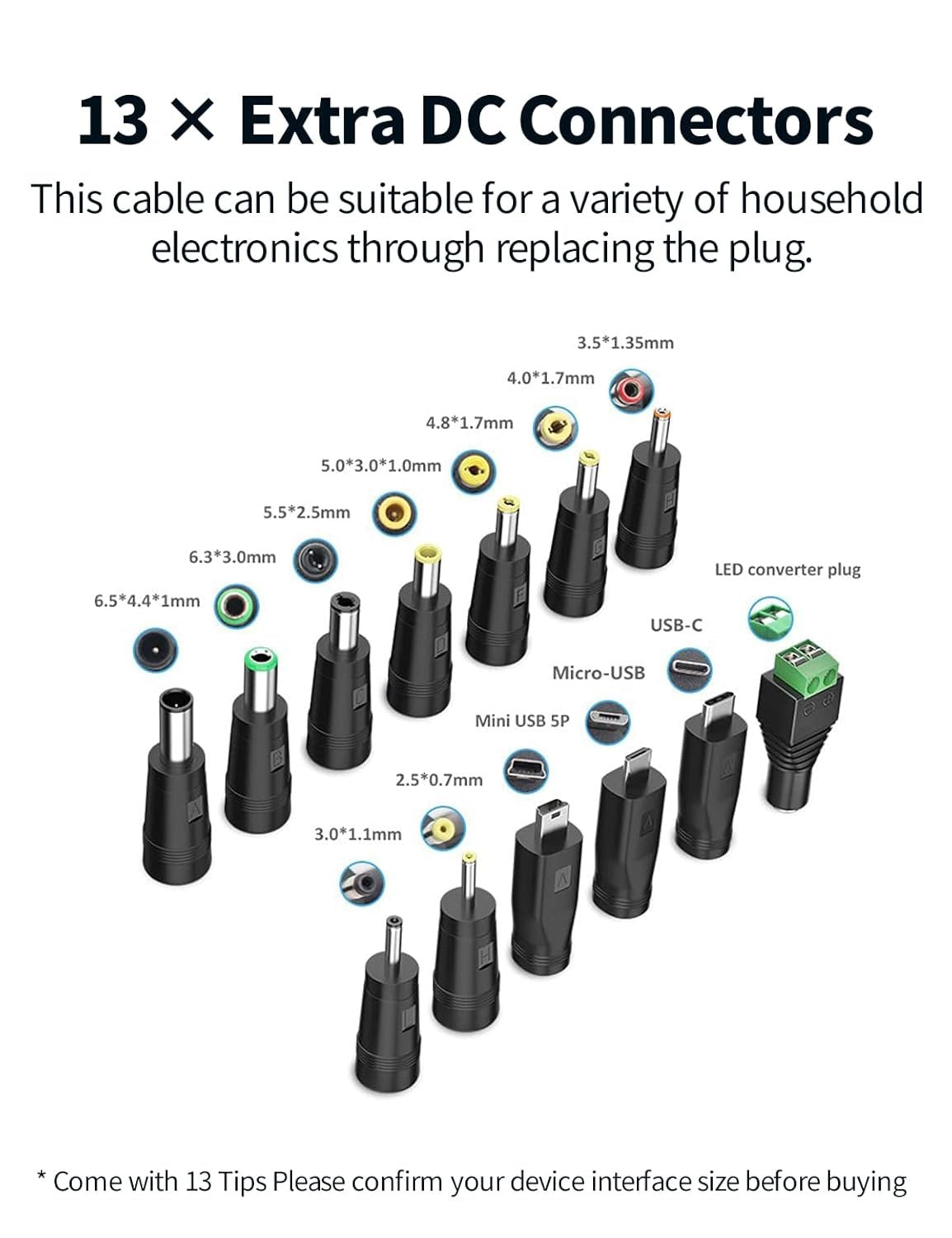 Tonton 5V Universal USB to DC Charger Charging Cable, 5.5x2.1mm DC Plug Power Cable with 13 Adapter Plugs for Mini Portable Fan, Bluetooth Speaker, Webcam, Router, Mobile Phone, Power Bank, USB Hub