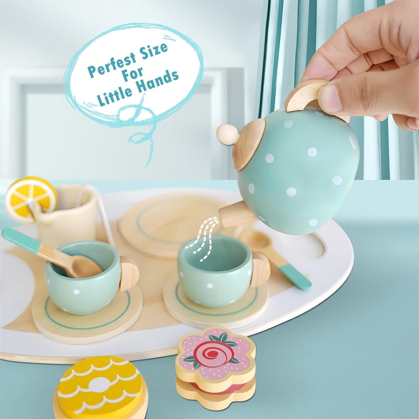 Wooden Tea Party Toys for Little Girls, Montessori Tea Time Pretend Play Toy for Kids Kitchen Sets Wooden Toys for 3 4 5 Year Old Girl Birthday Gift