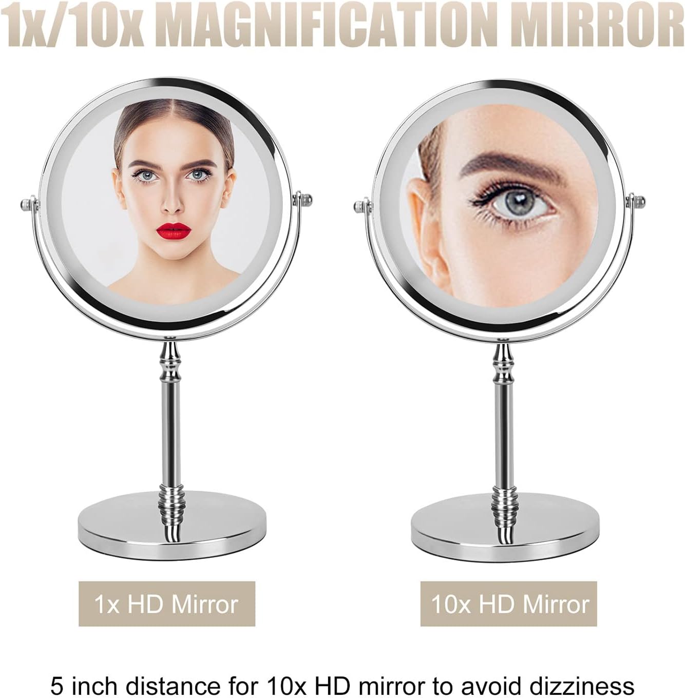 Rechargeable 8 Inch Lighted Makeup Mirror with 3 Color Lighting Modes Magnified Double Sided 10x Magnification LED Vanity Mirror with Dimmable Lights
