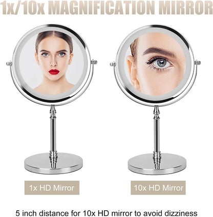Rechargeable 8 Inch Lighted Makeup Mirror with 3 Color Lighting Modes Magnified Double Sided 10x Magnification LED Vanity Mirror with Dimmable Lights