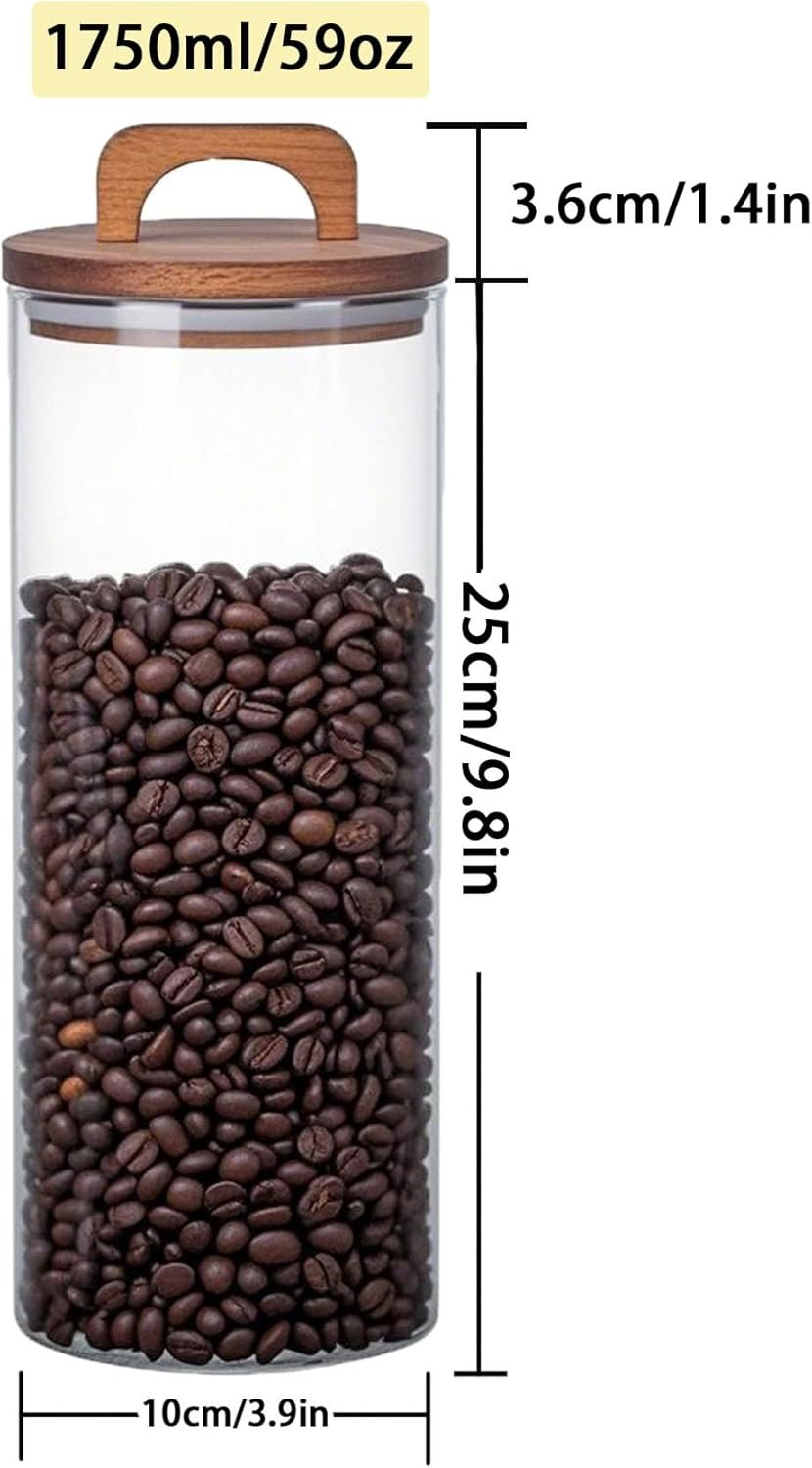 Set of 3 Glass Jars Food Storage Containers with Wooden Lid - Airtight Kitchen Canisters for Spaghetti, Coffee beans, Oat,cereal,Tea, Flour, Sugar, Food Jars With Acacia Wood Lids (1750ml/59oz)