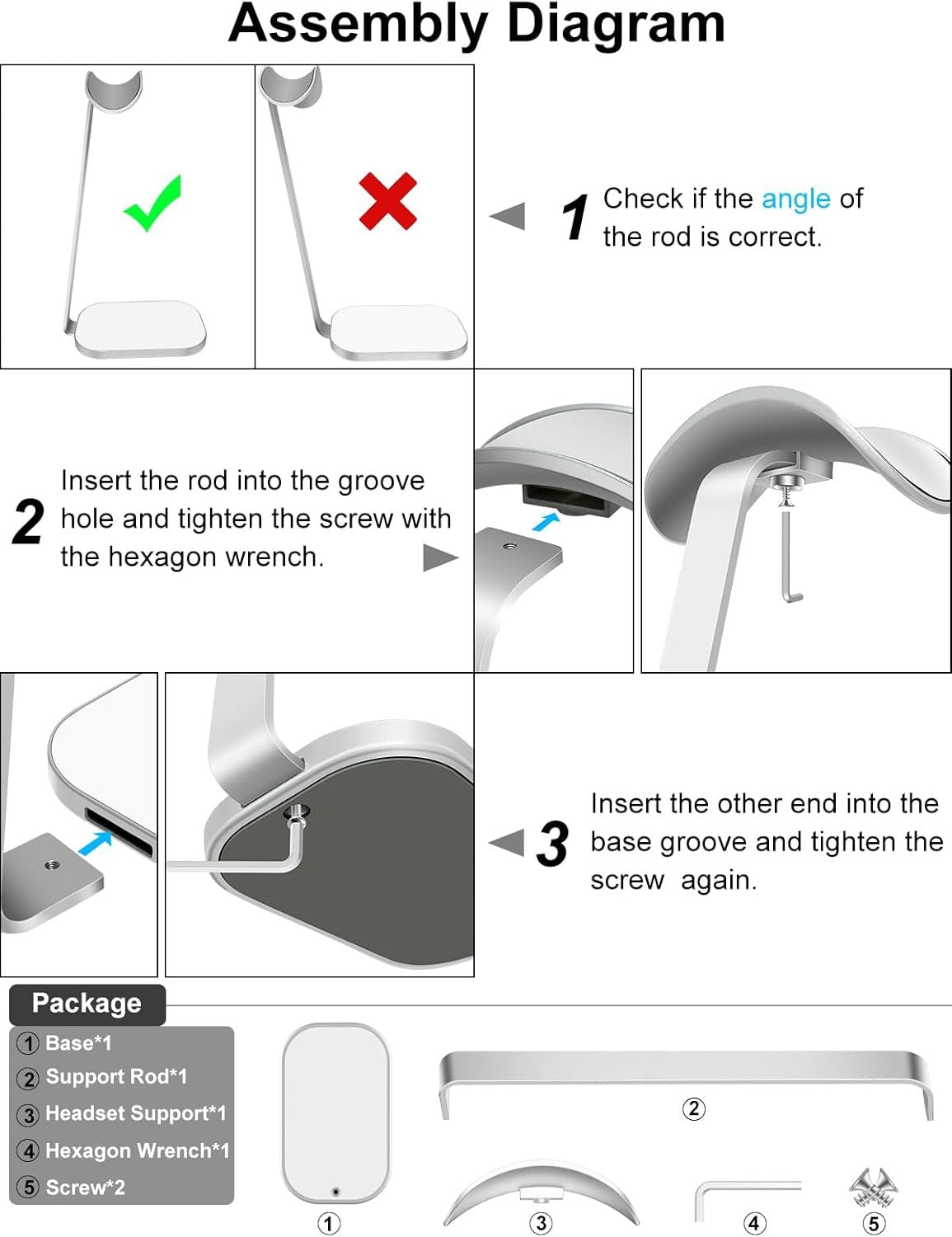 VICHYIE Headphone Stand for AirPods Max, Headset Holder with Aluminum Supporting Rod, Heavy Base Desk Stand Headphones Support Accessory for All Headphones - Silver White