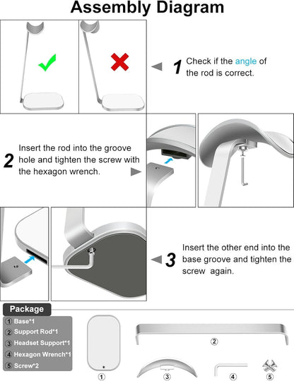 VICHYIE Headphone Stand for AirPods Max, Headset Holder with Aluminum Supporting Rod, Heavy Base Desk Stand Headphones Support Accessory for All Headphones - Silver White