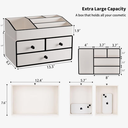 GORESE Cosmetic Organizer, 2 Shelves 3 Drawers Leather Makeup Organizer Make Up Makeup Holder Desk Organizer Bathroom Organizer for Bedroom, Bathroom, Dressing Table(White)