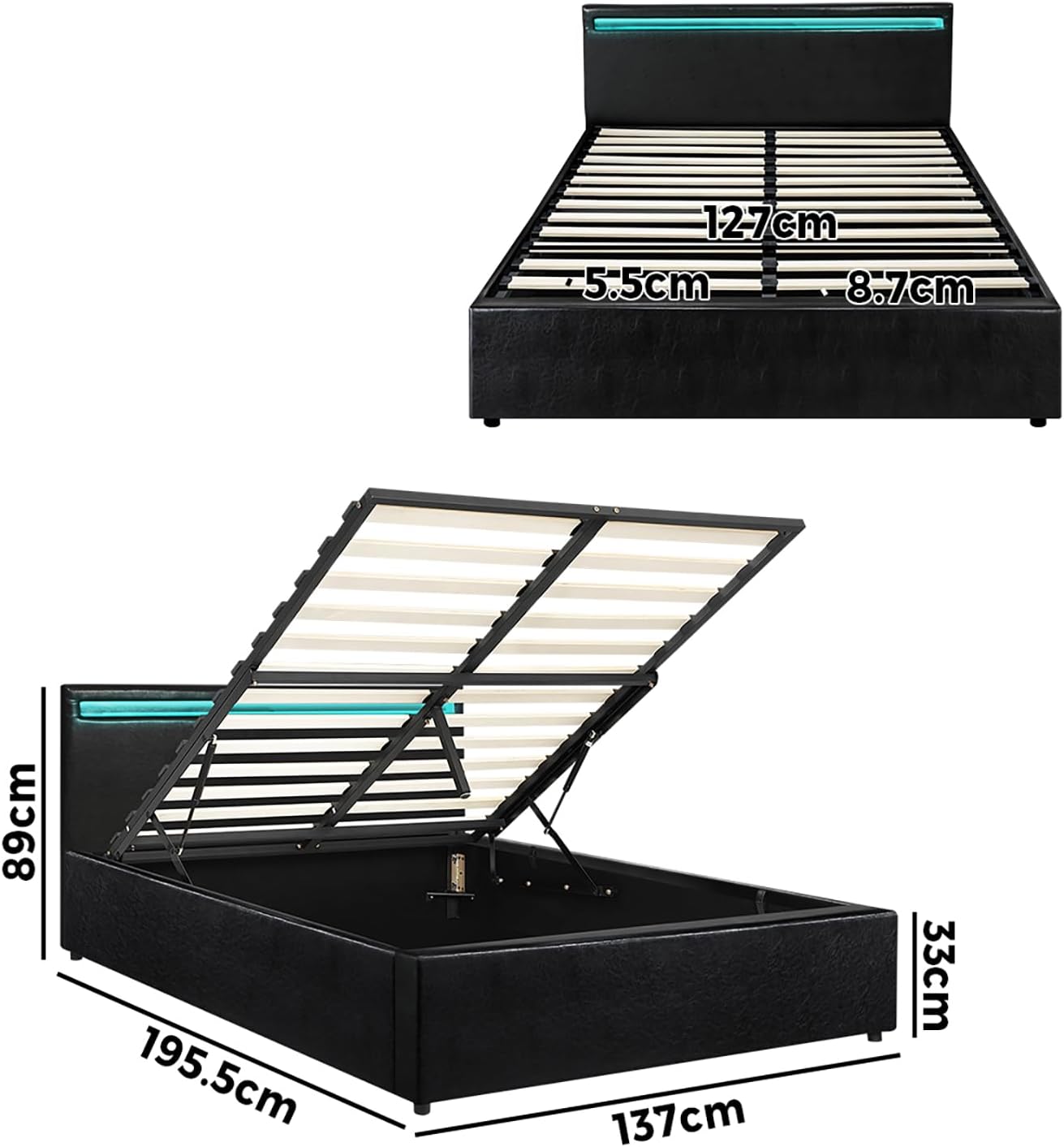 Oikiture Bed Frame Double Size Pu Leather Bed Frame Gas Lift with Storage and LED Light Bed Base Black