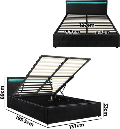 Oikiture Bed Frame Double Size Pu Leather Bed Frame Gas Lift with Storage and LED Light Bed Base Black