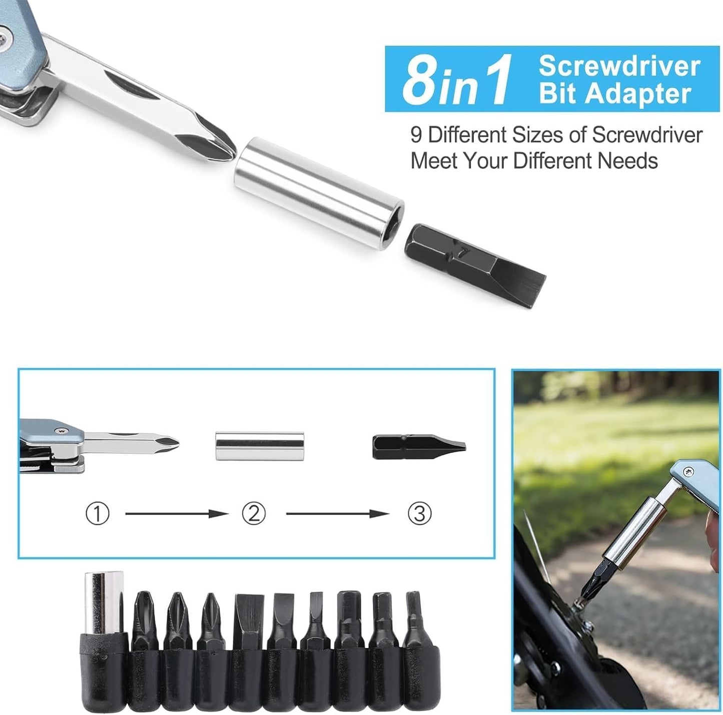 NexTool W2，8-in-1 Adjustable Multi-Wrench with Adjustable Wrench, Multi-Purpose Pliers, Small Folding Knife, Screwdriver, and File with 9-in-1 Bit Set for Outdoor Activities and Men's Gifts