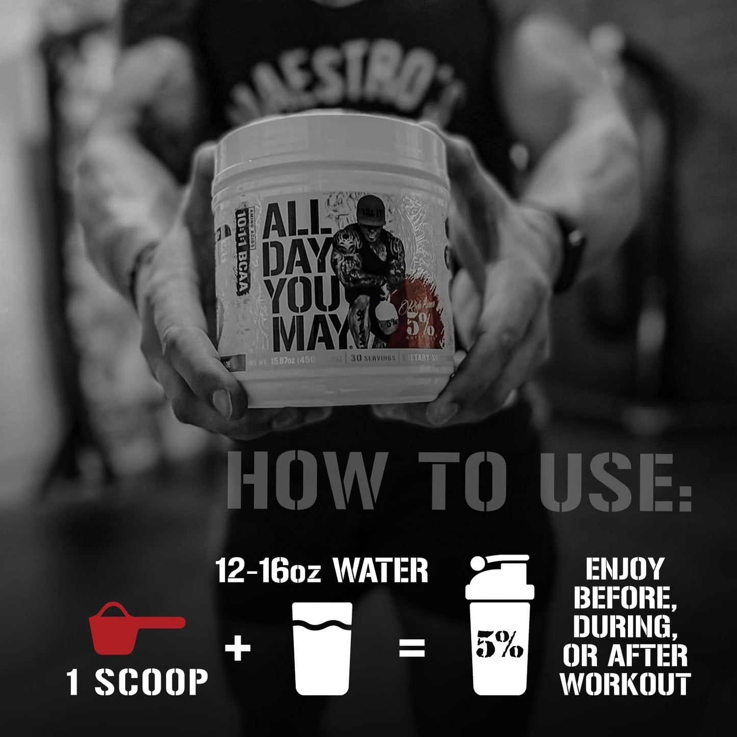 Rich Piana 5% Nutrition All Day You May - Watermelon Flavour -10:1:1 BCAA Post Workout Muscle & Joint Recovery Drink Supplement Powder, Essential Amino Acids, Sugar-Free, 435g, 30 Servings