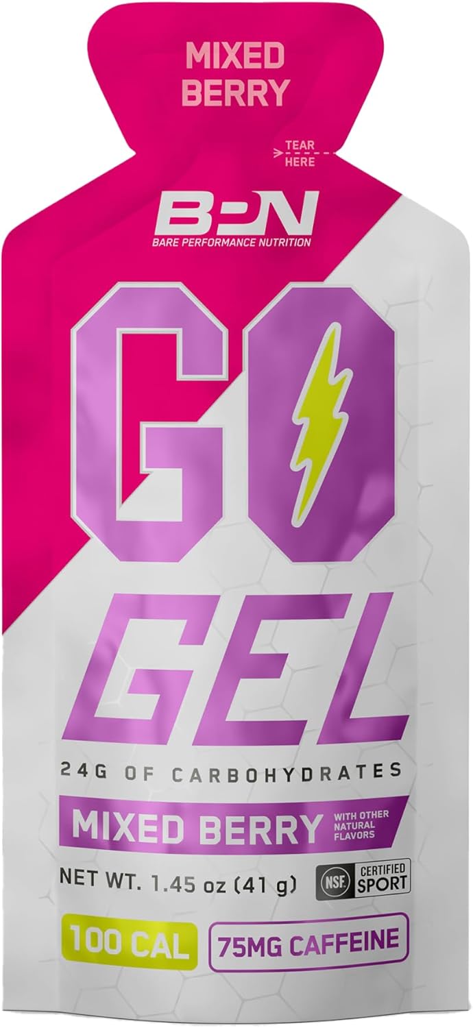 BARE PERFORMANCE NUTRITION, BPN Go Gel Endurance Gel, 24g of Carbohydrates & 100 Calories per Gel Pack, Vegan + Gluten Free Running Gel, 10 Single-Serving Gel Packs, Caffeinated Mixed Berry