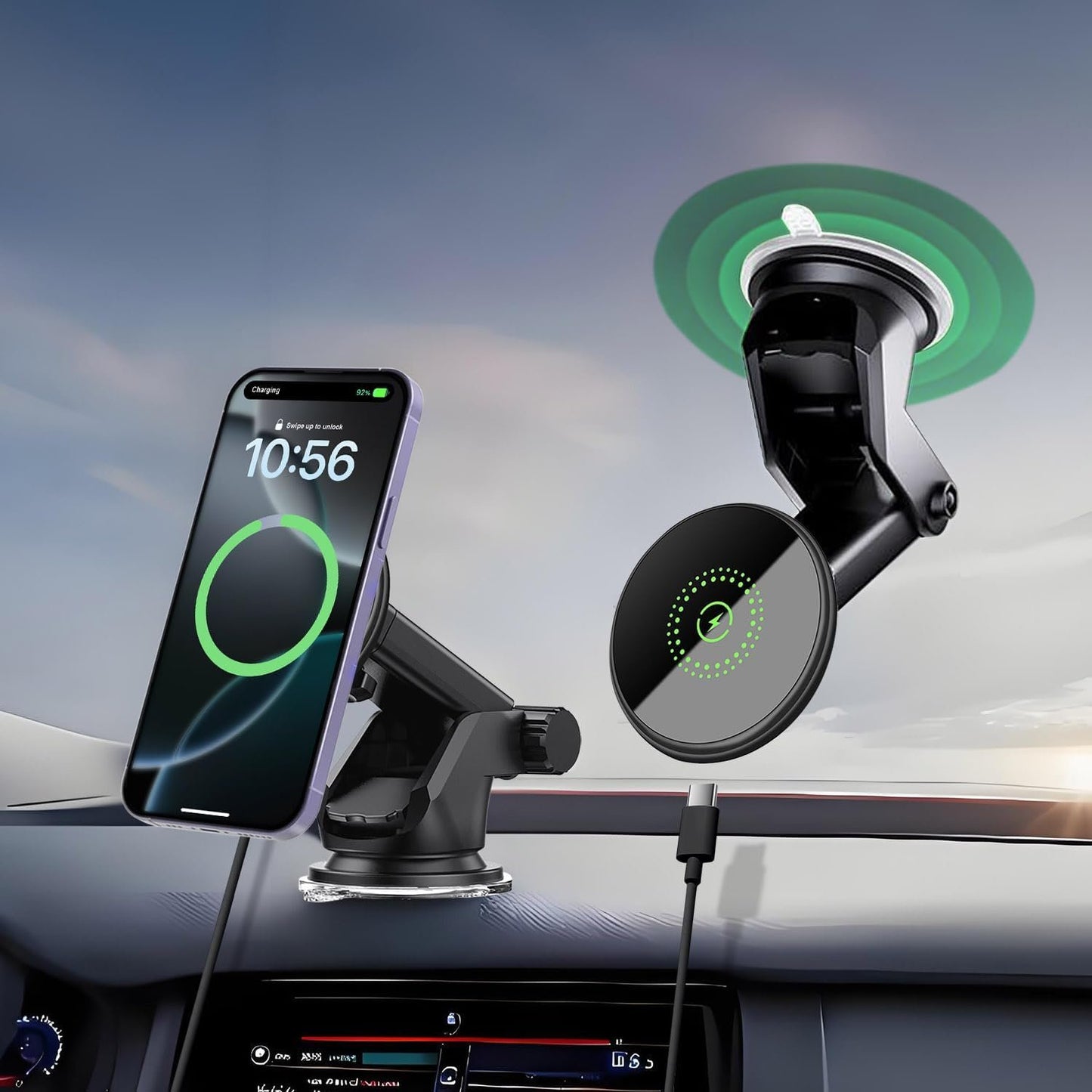 Magnetic Wireless Car Charger Mount 15W Car Phone Holder Compatibl with iPhone 12-16 Series,Vent Windshield Dash Mount Phone Charger Holder Mount (Black Magnetic)